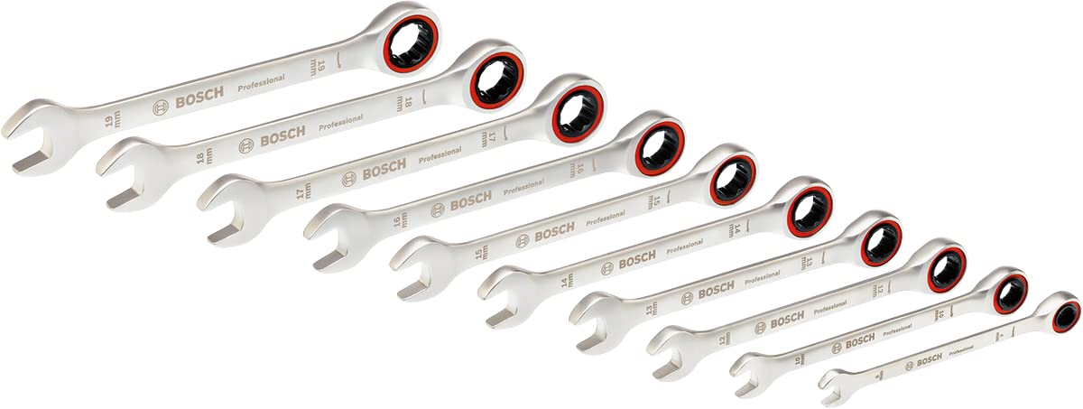 Bosch Professional Set di Chiavi a Cricchetto da 10 Pezzi (Misure Incluse 8, 10, 12, 13, 14, 15, 16, 17, 18 e 19 Mm)