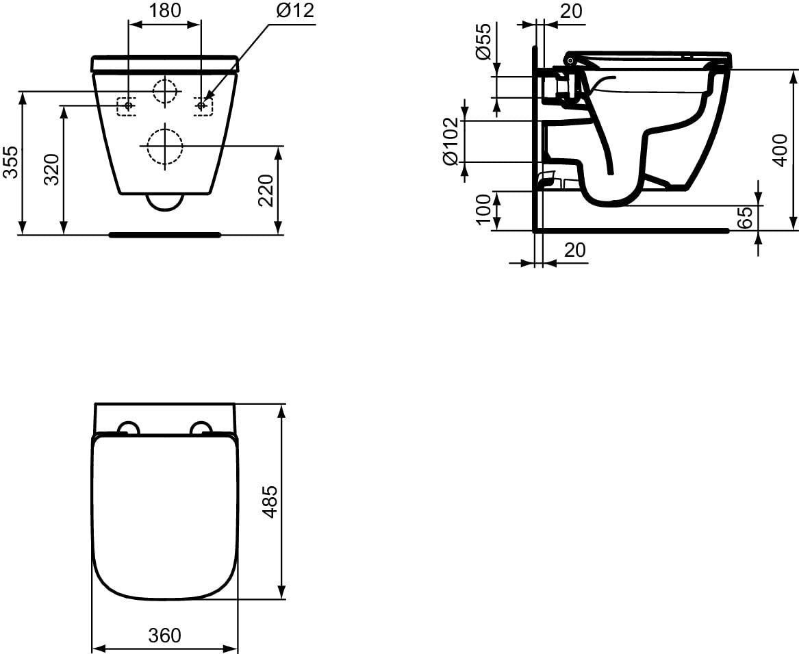 Ideal Standard - i.life S, WC sospeso RimLS+ senza brida completo di copriwater a chiusura rallentata, E-packaging dedicato al trasporto di ceramica,Bianco