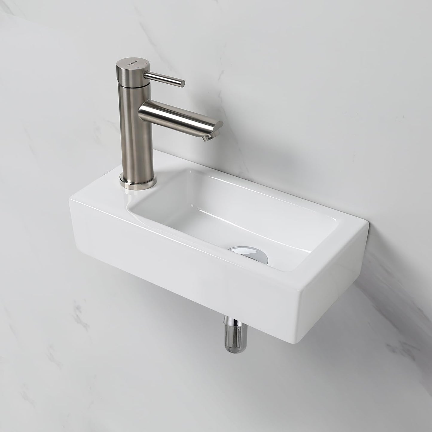 Ibergrif M41102-L Lavabo Rettangolare in Ceramica con 1 Foro per Rubinetto, Lavabo Sinistro a Parete, Dimensioni Piccole: 376 × 188 × 93 mm, Bianco