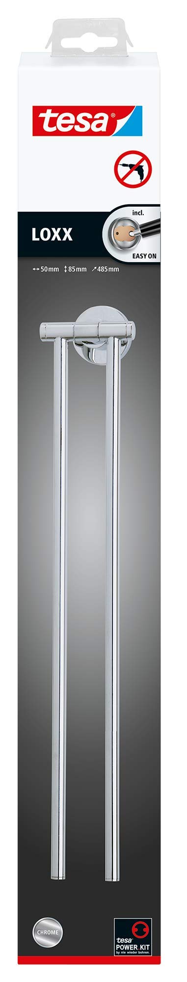 tesa Loxx Porta Asciugamani Adesivo - Porta asciugamani in metallo cromato inox con bracci mobili - senza forature - Rimovibile senza lasciare tracce - 85 mm x 50 mm x 485 mm