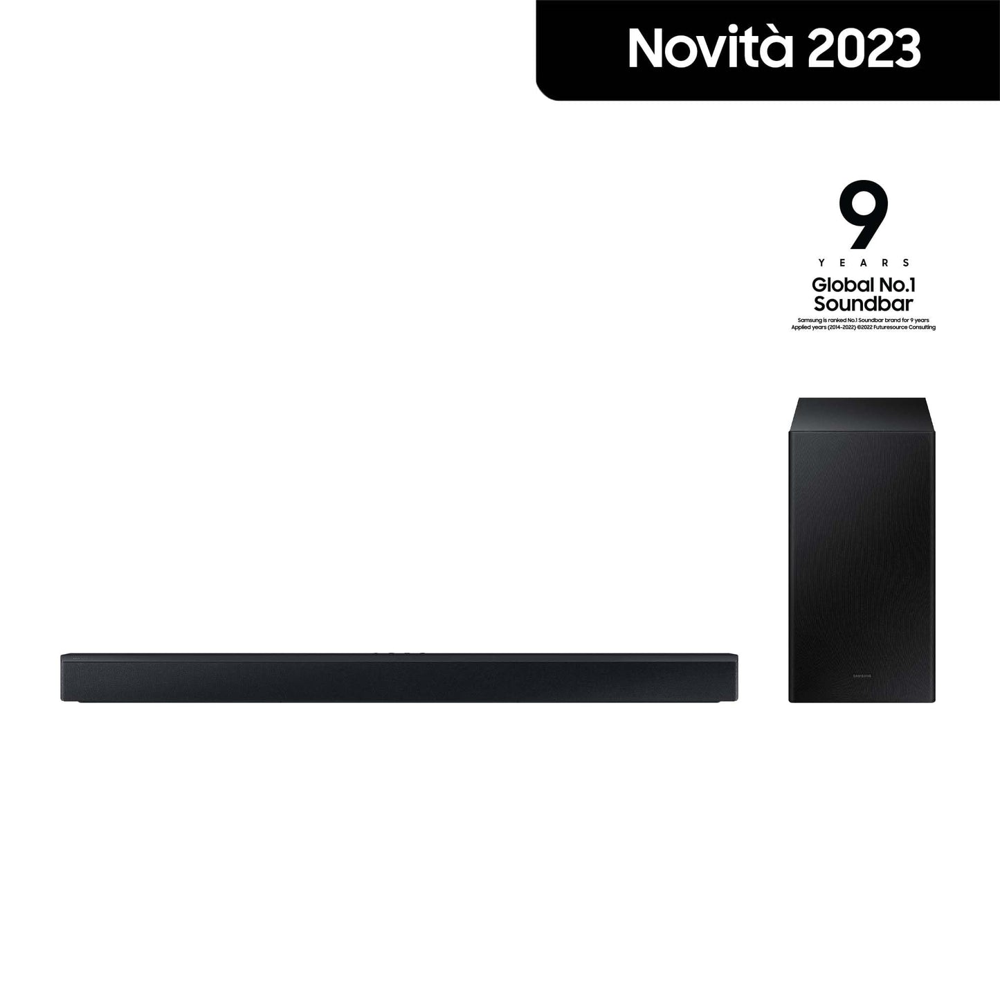 Samsung Soundbar HW-C430/ZF Serie C, 3 Speaker, Subwoofer Incluso, Audio a 2.1 Canali, Adaptive Sound Lite, Black 2023 & Amazon Basics Cavo audio ottico digitale Toslink, 1 m,Nero