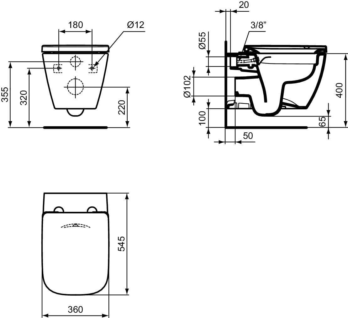 Ideal Standard - i.life B, WC sospeso RimLS+ senza brida completo di copriwater a chiusura rallentata, E-packaging dedicato al trasporto di ceramica, Bianco