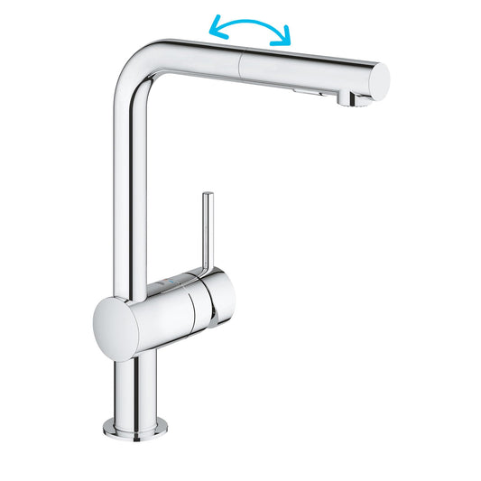 GROHE Minta – Miscelatore monocomando per lavello cucina con doccetta estraibile (bocca alta a L, cartuccia in ceramica da 46 mm, bocca girevole a 360°), 328 mm, cromato, 30274000