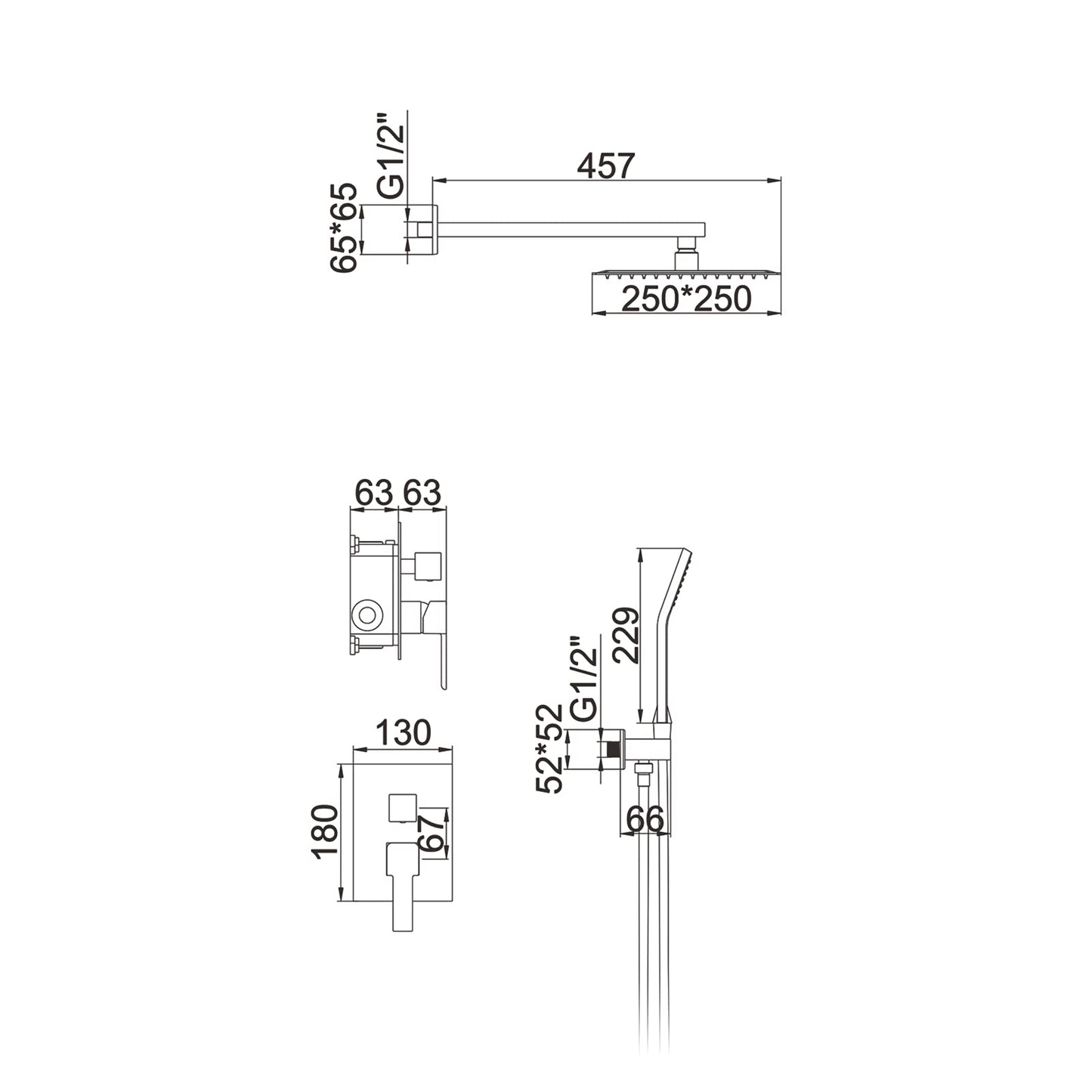 Ibergrif Gold, Colonna-Sistema Doccia da Incasso con Valvola, Soffione a Pioggia (250*250mm), Doccetta, Supporto, Cromo