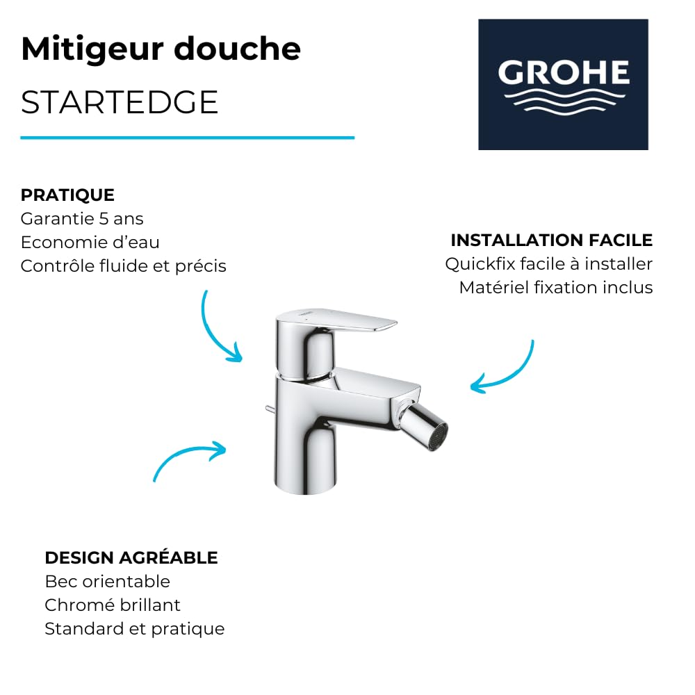 Grohe Start Edge Miscelatore Monocomando per Bidet, Cromo, Scarico a saltarello 1 1/4", Installazione veloce, 23345001