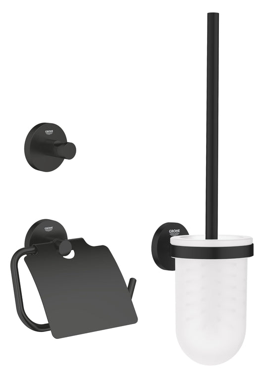 GROHE Quickfix Start, Set Accessori Bagno 3 in 1 Portarotolo con Coperchio, Scopino Per WC, Gancio Per Accappatoio, Estremamente Facile da Montare Quickglue, Nero Opaco, 412042430