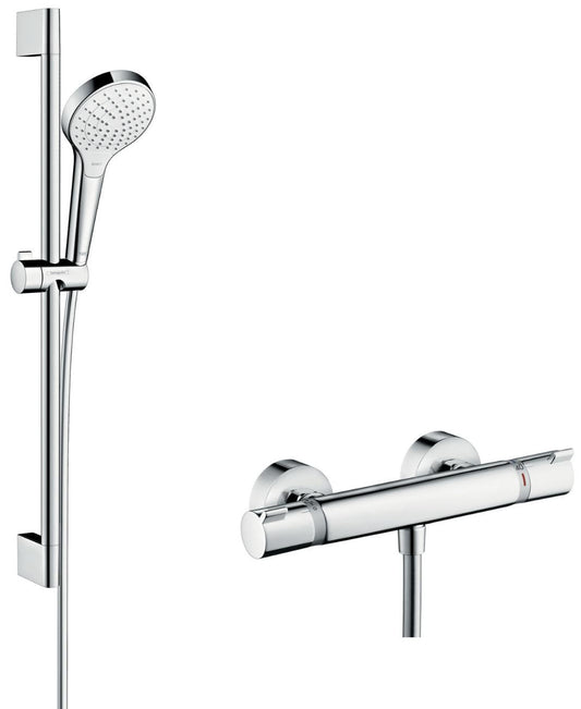 hansgrohe Croma Select S Sistema doccia esterno Vario con termostatico Ecostat Comfort e asta doccia 65 cm, bianco/cromo, 27013400