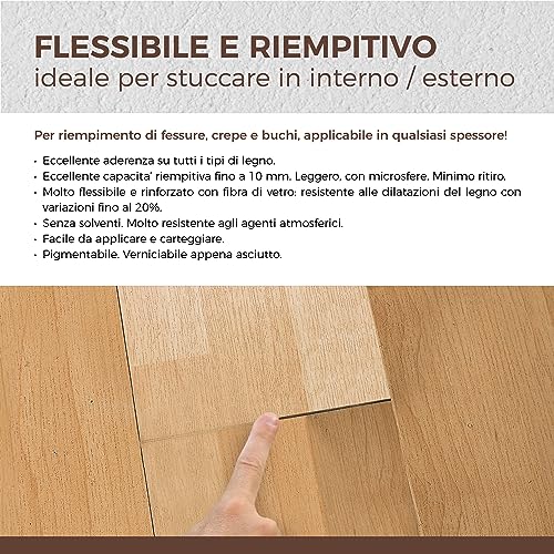 Aguaplast Woodfiller 1 kg Stucco fibrato pronto all’uso per riempire buchi e crepe su legno in mano unica senza ritiro. Colore Rovere, Riempie fino a 5 mm, Senza solventi