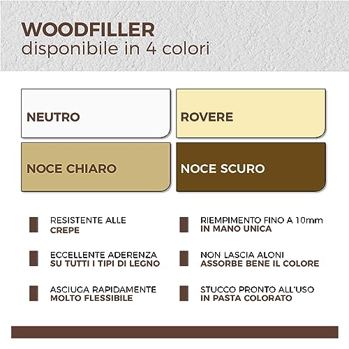 Aguaplast Woodfiller 1 kg Stucco fibrato pronto all’uso per riempire buchi e crepe su legno in mano unica senza ritiro. Colore Rovere, Riempie fino a 5 mm, Senza solventi