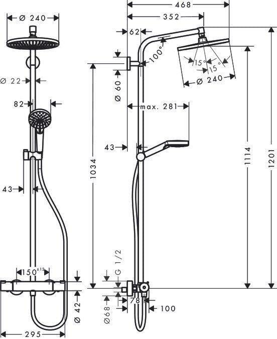 hansgrohe Crometta S - Colonna Doccia a Risparmio Idrico (Ecosmart) con Termostatico, Sistema Doccia a Pioggia (⌀ 240 Mm) con Rubinetto, Doccetta (2 Getti), Tubo, Asta e Soffione Doccia Tondo, Cromo