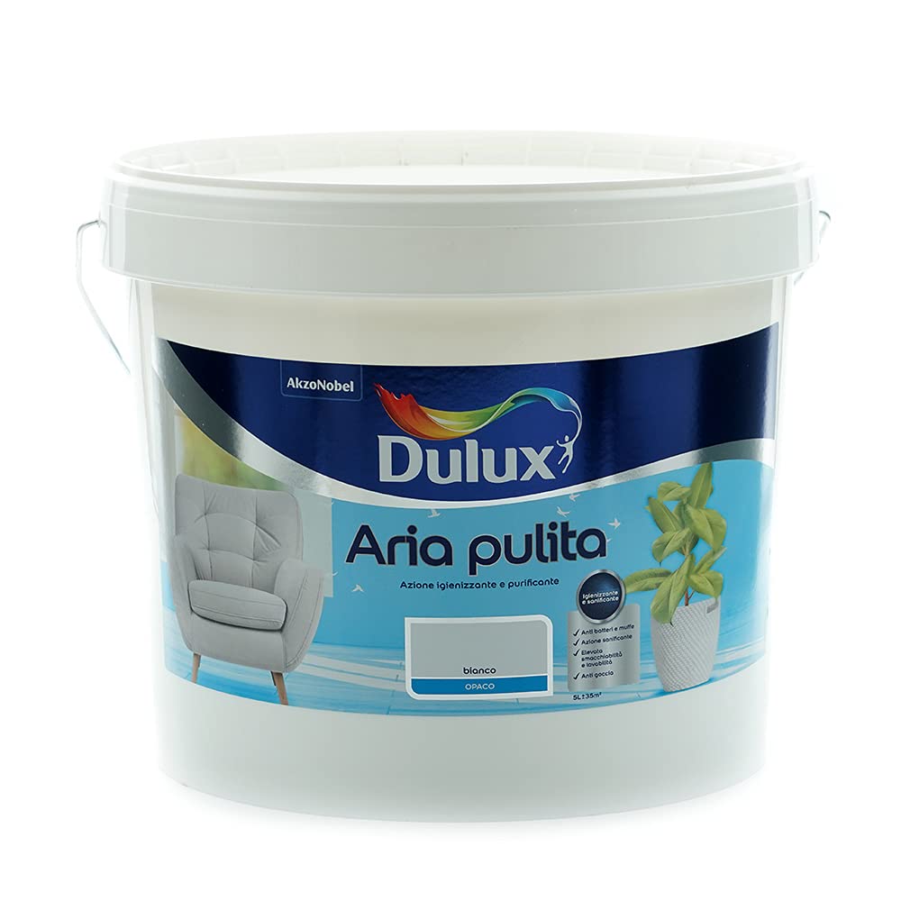 Dulux Aria Pulita Pittura per Interni all'Acqua con Formula Anti Inquinamento e Anti Formaldeide, 5 Litri, Bianco