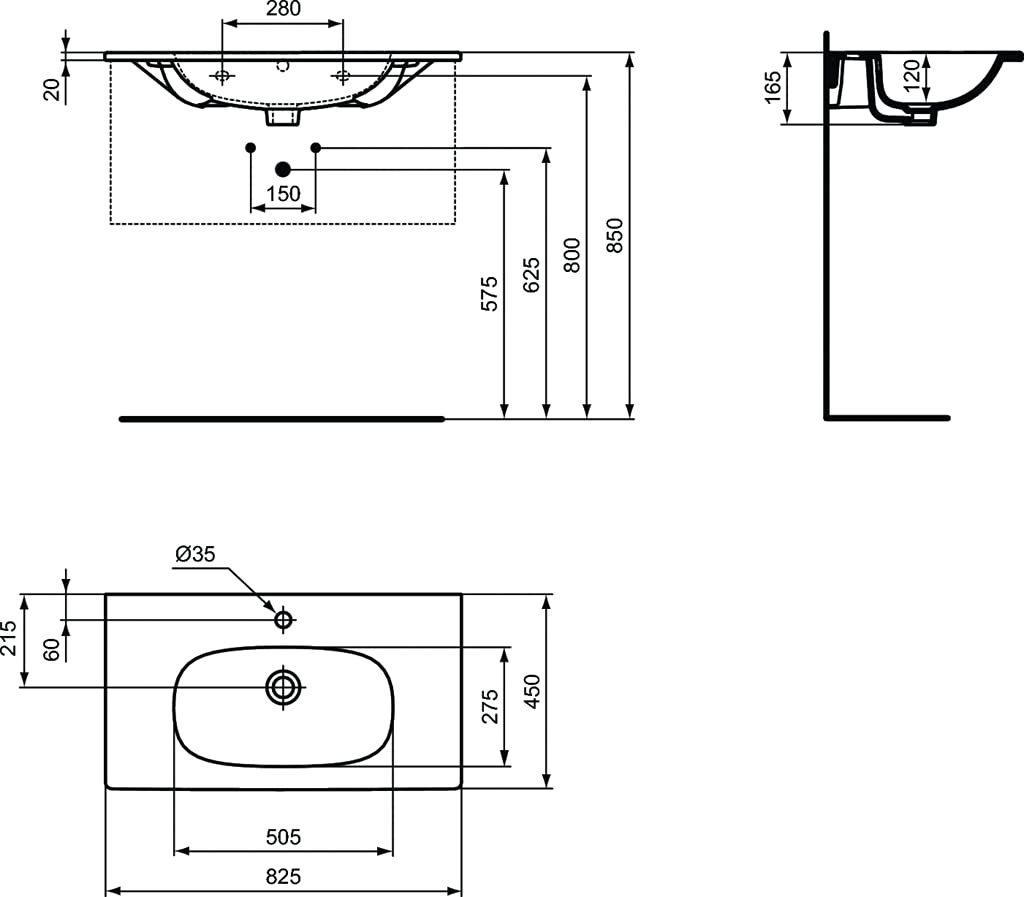 Ideal Standard - Tesi, Lavabo top da 80cm per installazione a muro, Lavandino 825x450x165 mm con foro centrale per la rubinetteria e troppopieno, Nero seta