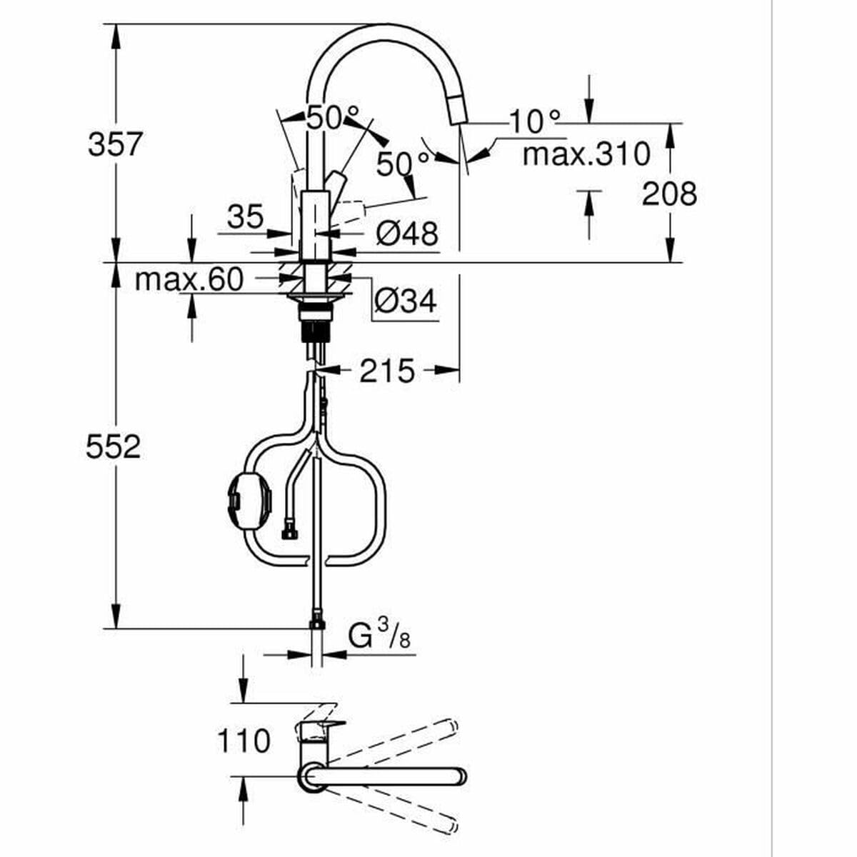 GROHE Start Edge - Rubinetto da cucina con beccuccio alto rimovibile, forma C, girevole a 360°, installazione QuickFix, limitatore di flusso ecologico), cromato, 30550000