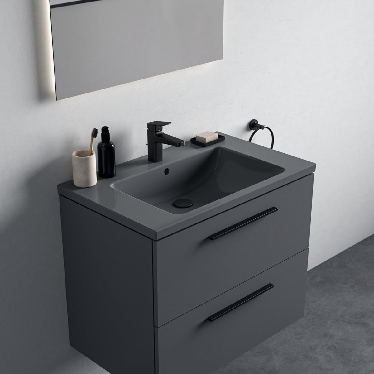 Ideal Standard - i.life B, Lavabo top da 80cm in ceramica con foro rubinetteria, Grigio lucido