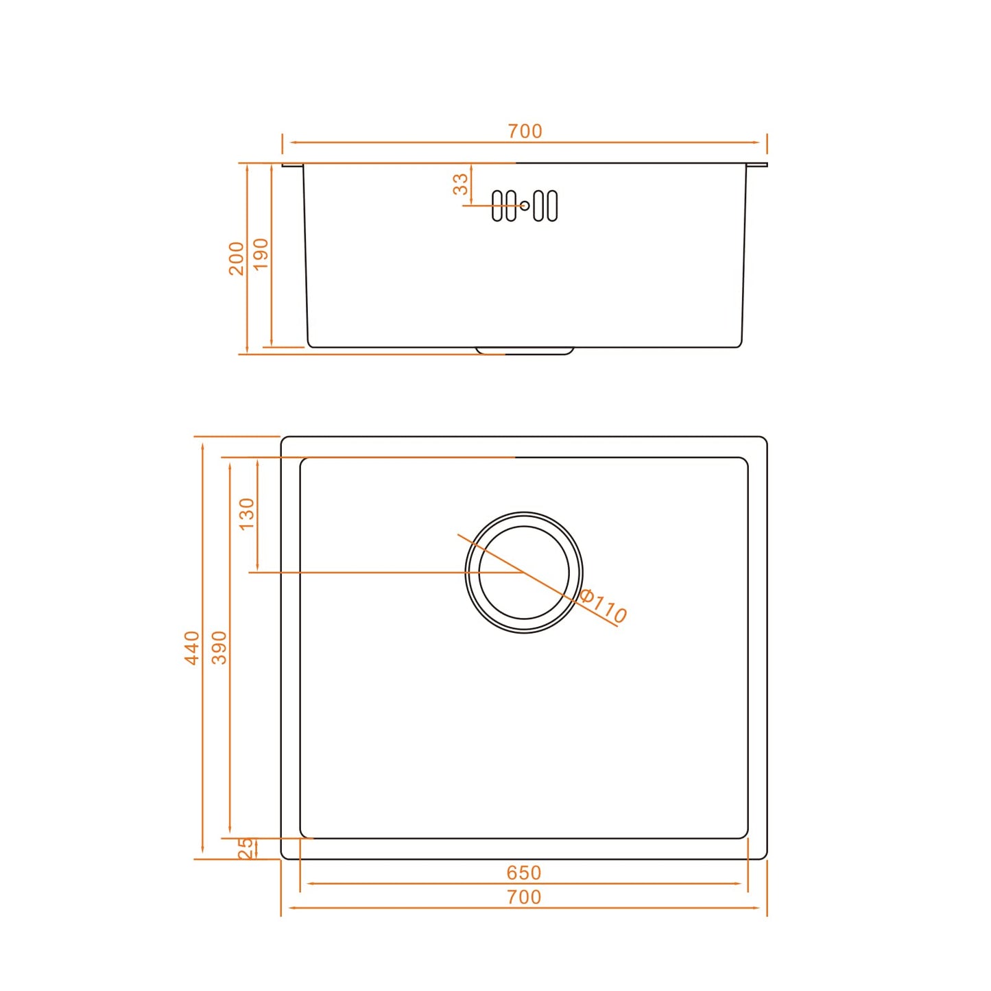 Ibergrif M87044 Lavello Cucina 70 x 44 cm, Lavello sottopiano con filtro di scarico, Acciaio inossidabile