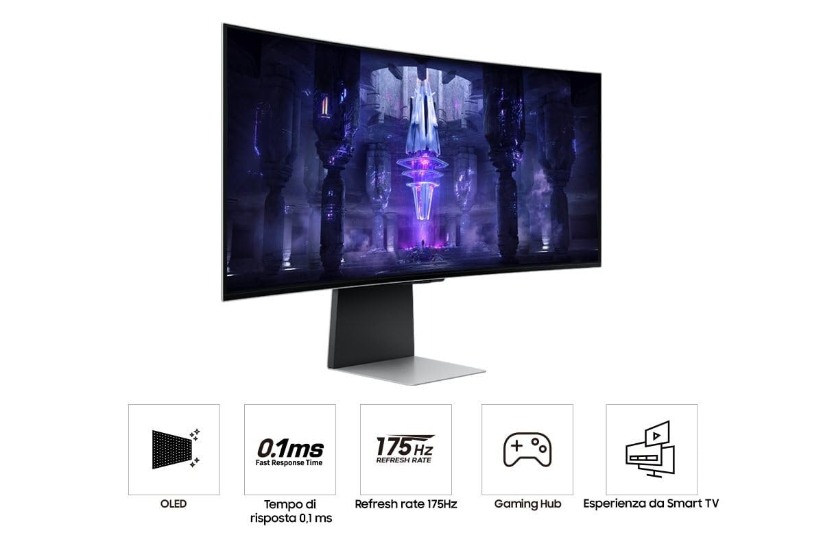 Samsung Monitor Gaming Odyssey OLED G8 (S34BG850), Curvo (1800R), 34'', 3440x1440 (WQHD), 21:9, HDR10+, OLED, 175Hz, 0,03ms (GtG), Freesync Premium, Micro HDMI, USB-C, Mini-DP, WiFi, Casse, HAS