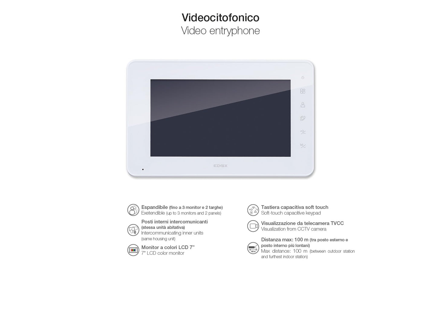 Vimar K42912 Monitor supplementare vivavoce a colori LCD 7" con tastiera capacitiva per kit videocitofono, 1 alimentatore con spine standard EU, UK, USA, AUS, staffe per fissaggio