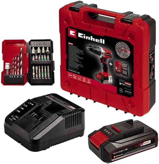 Einhell Trapano a percussione TE-CD 18/2 Li-i +22 (1x2,5Ah) (ioni di litio, 18 V, 44 Nm, trasmissione a 2 velocità, batteria da 2,5 Ah, caricatore rapido, scatola da 22 punte e valigetta)