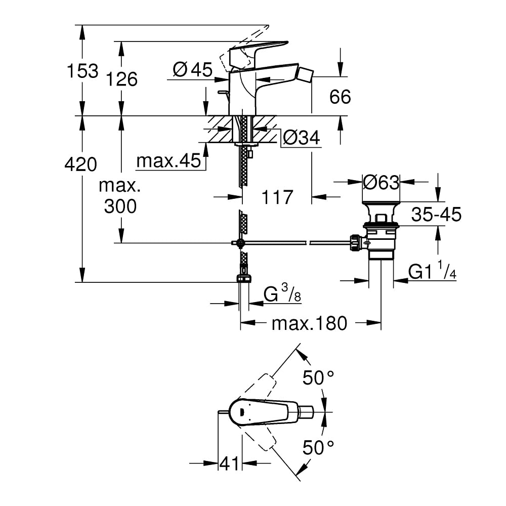 Grohe Start Edge Miscelatore Monocomando per Bidet, Cromo, Scarico a saltarello 1 1/4", Installazione veloce, 23345001