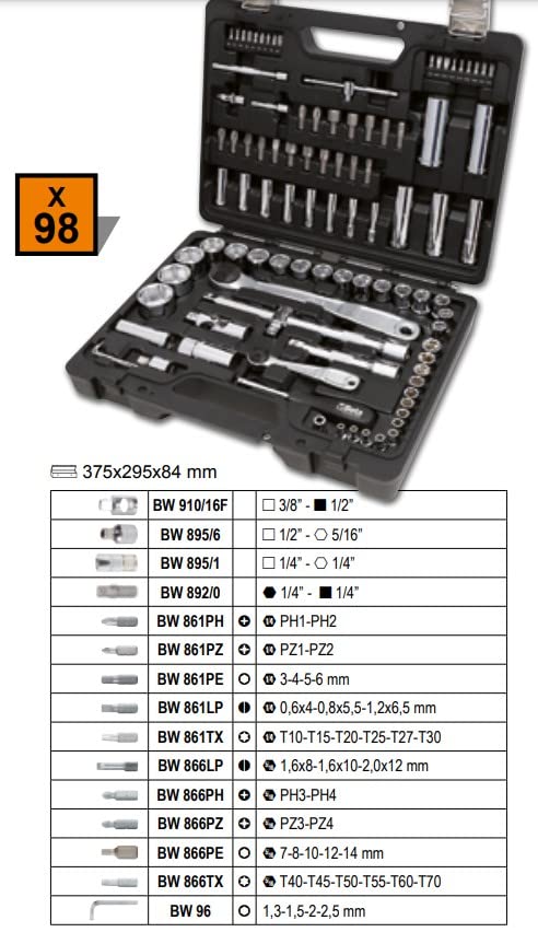 Beta BW 903E/C98 - Assortimento di 45 chiavi a bussola esagonali, 35 inserti per avvitatori, 4 chiavi maschio esagonali piegate e 14 accessori, in cassetta di plastica