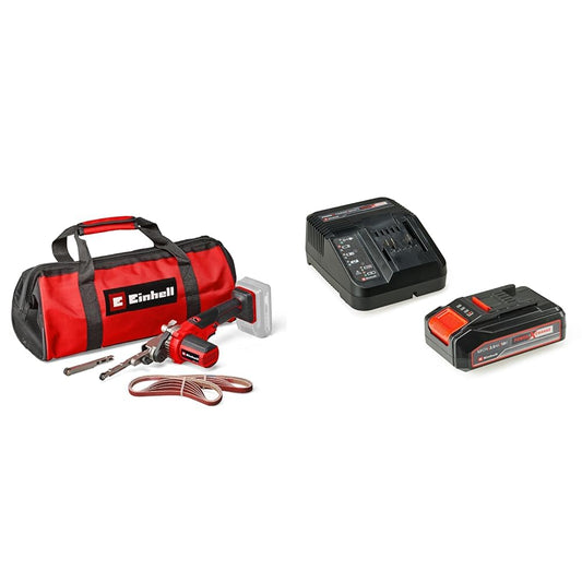 Einhell Lima a nastro a batterie TE-BF 18 Li-Solo Power X-Change + Einhell Pxc Starter Kit 18 V, Batteria 2,5 Ah E Caricabatteria Power X-Change, Nero Rosso, 10 x 15 x 11.3 Cm