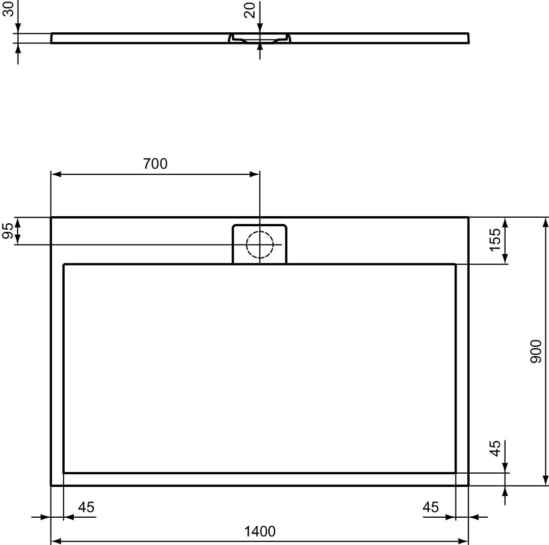 Ideal Standard - Ultra Flat S i.life, Piatto doccia rettangolare 140x90 in resina, Piletta di scarico lato lungo, Finitura opaca effetto pietra, Bianco