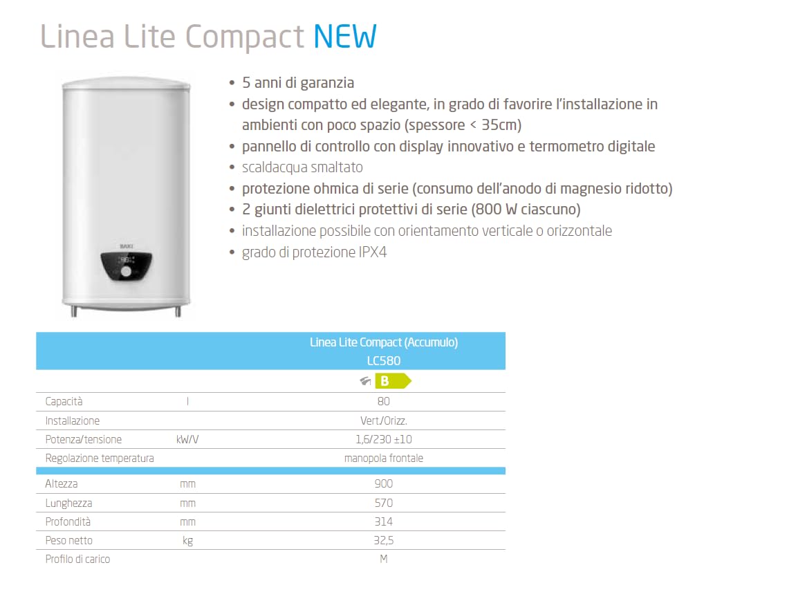 Baxi Scaldacqua Scaldabagno Lite Compact ultra sottile 80lt 5 anni garanzia