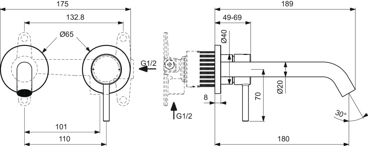 Ideal Standard - Ceraline, Miscelatore monocomando a parete, Rubinetto lavabo a muro, Solo parti esterne, Cromato