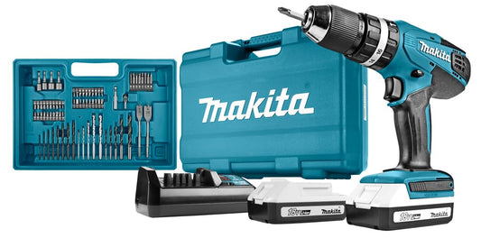 Makita Hp457Dwe10 Trapano Avvitatore con Percussionne 2X18 V 1,3Ah Li, 74 Accessori e Valigetta, Blu