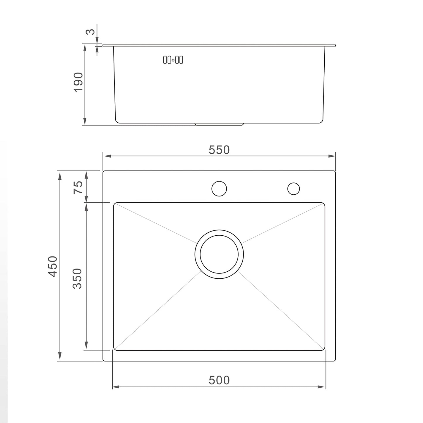 Ibergrif Lavello da cucina a ciotola singola in acciaio inox fatto a mano con 2 fori,lavello residenziale in acciaio inossidabile 304 con kit di scarico e filtro a cestello,55x45x19cm Nero