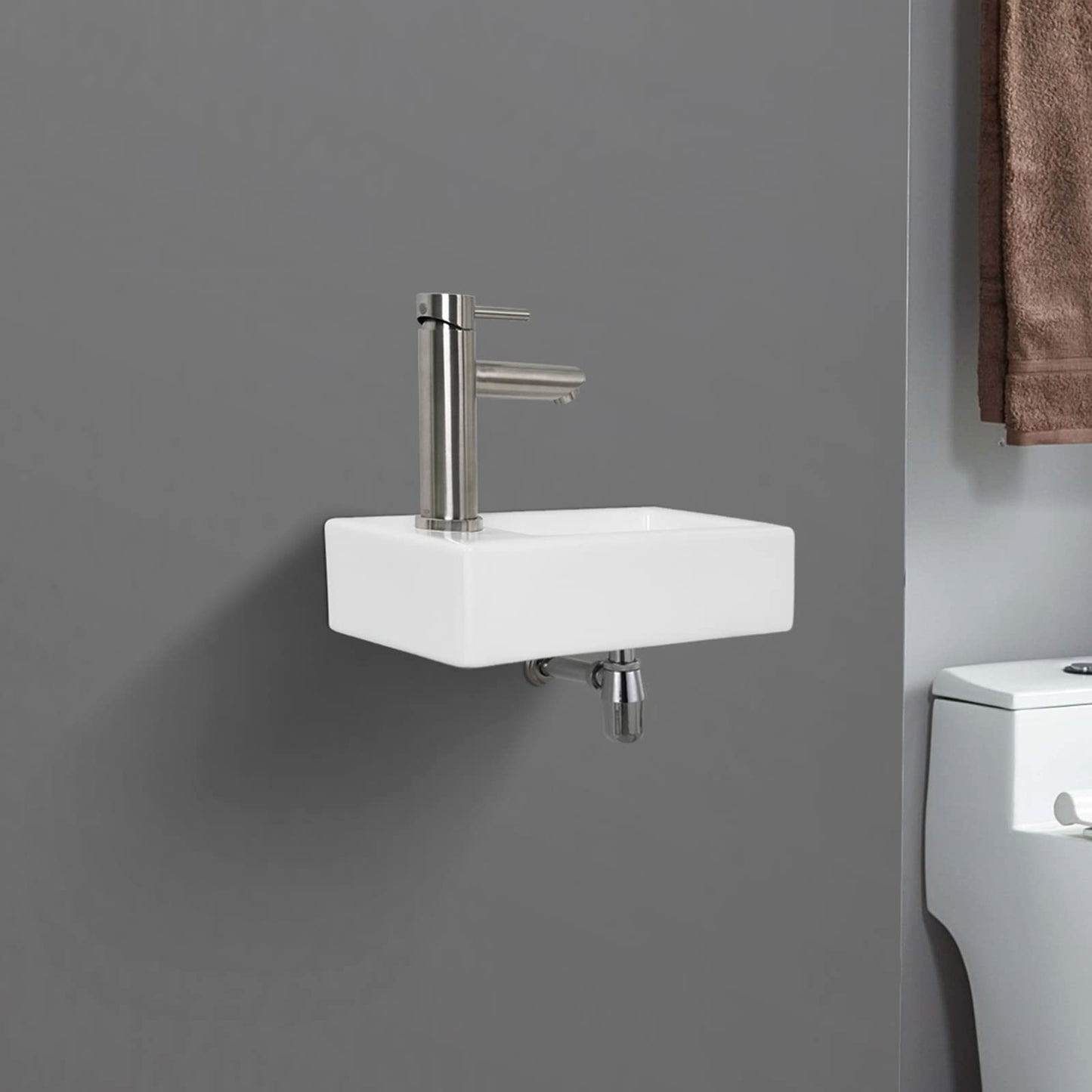 Ibergrif M41102-L Lavabo Rettangolare in Ceramica con 1 Foro per Rubinetto, Lavabo Sinistro a Parete, Dimensioni Piccole: 376 × 188 × 93 mm, Bianco