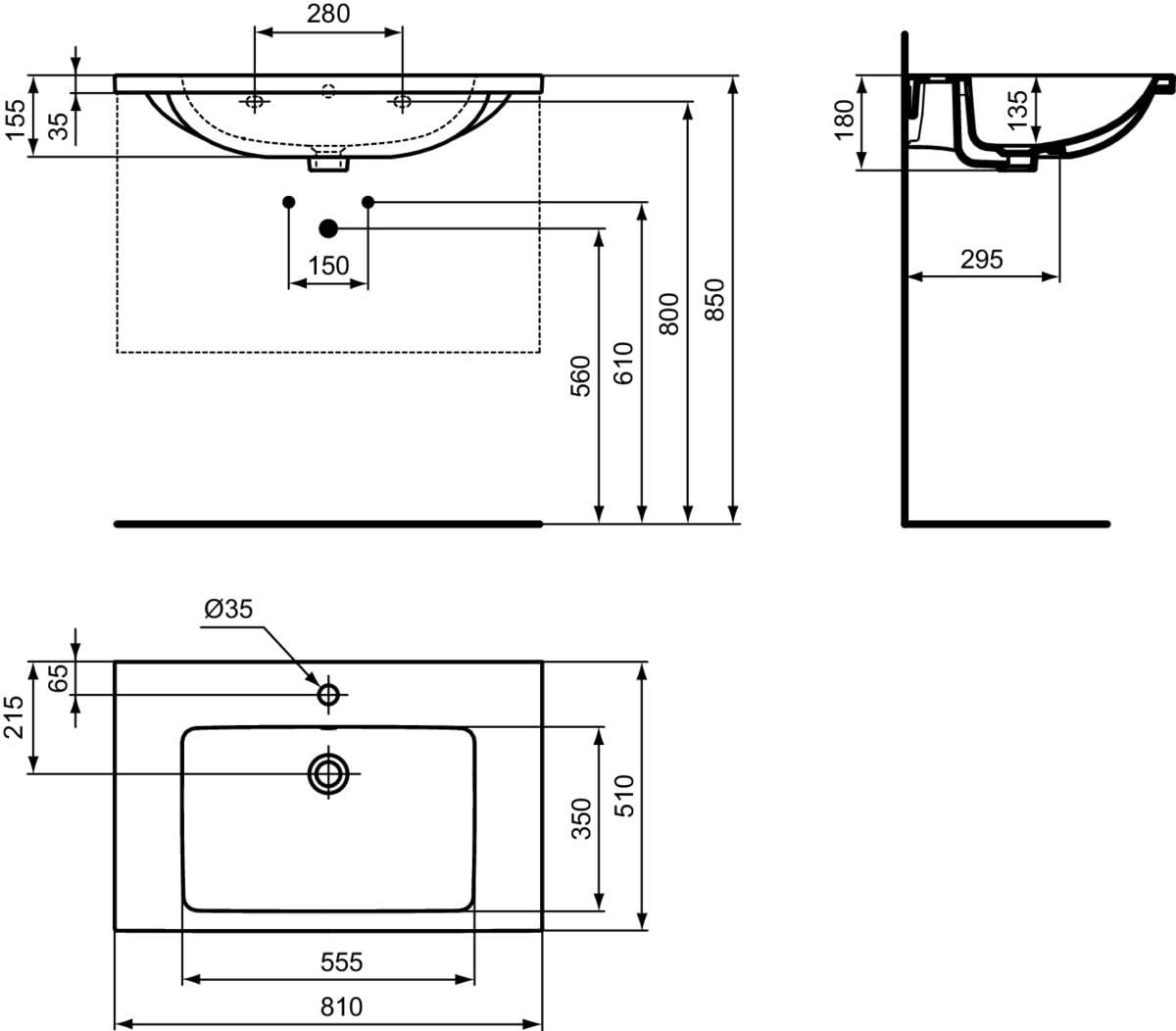 Ideal Standard - i.life B, Lavabo top da 80cm in ceramica con foro rubinetteria, Grigio lucido