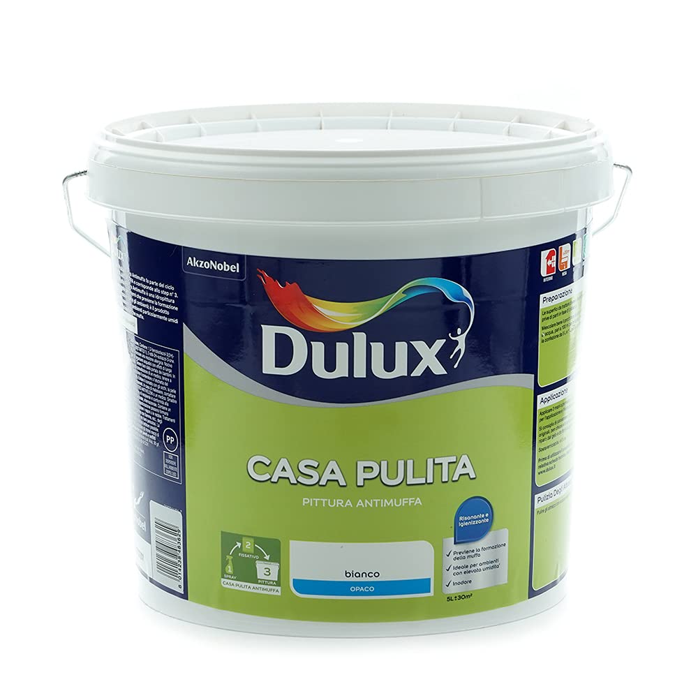 Dulux Casa Pulita Pittura Singolo per Interni Antimuffa Rimuove e Protegge Da Muffe e Funghi, 5 Litri, Bianco