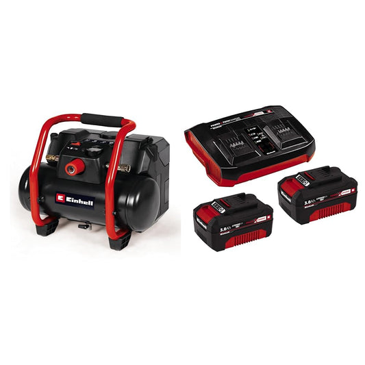 Einhell Compressore a batteria TE-AC 36/150 Li OF-Solo Power X-Change + Originale Einhell 2x 3,0Ah & Twincharger Kit Power X-Change (18V, incl. 2 batterie 3 Ah e caricabatteria doppio)