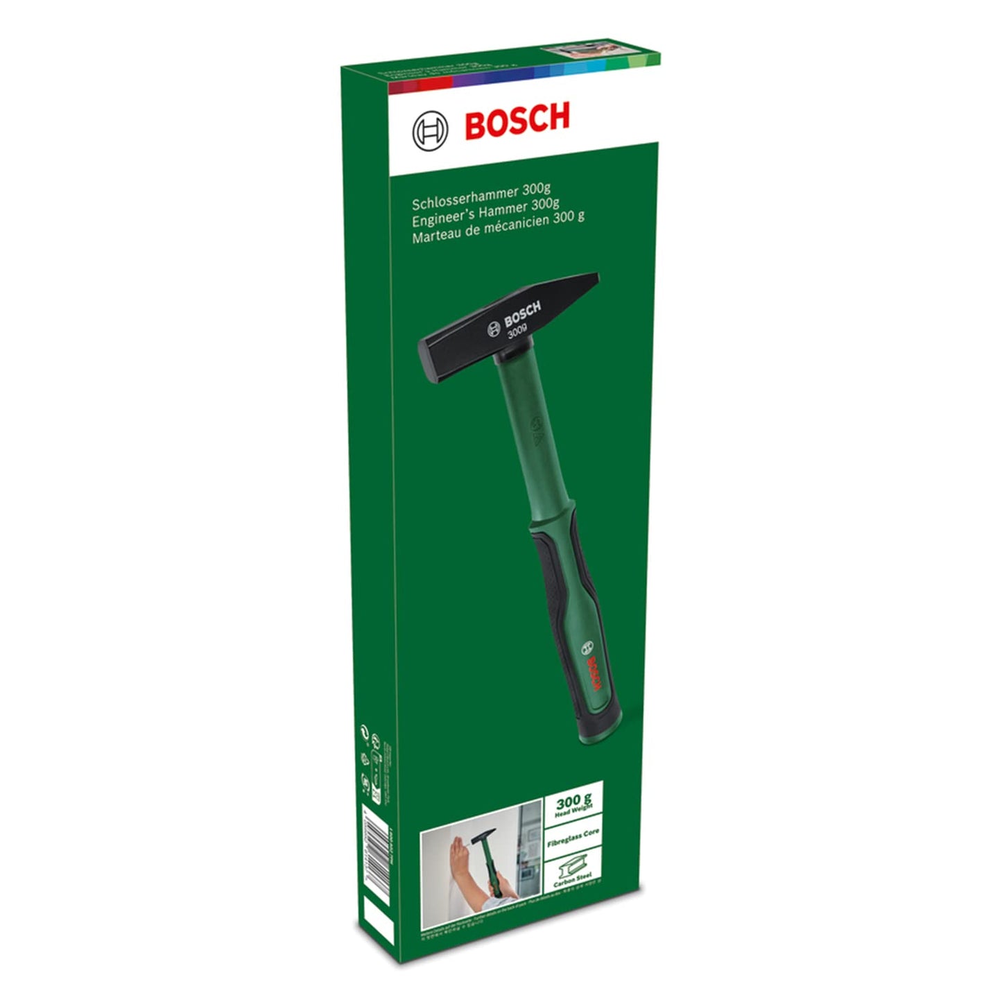 Bosch Martello da falegname 300g, comoda impugnatura, rivestimento Softgrip e anima in fibra di vetro, robusto acciaio ad alto tenore di carbonio, solida efficienza di percussione, minori vibrazioni