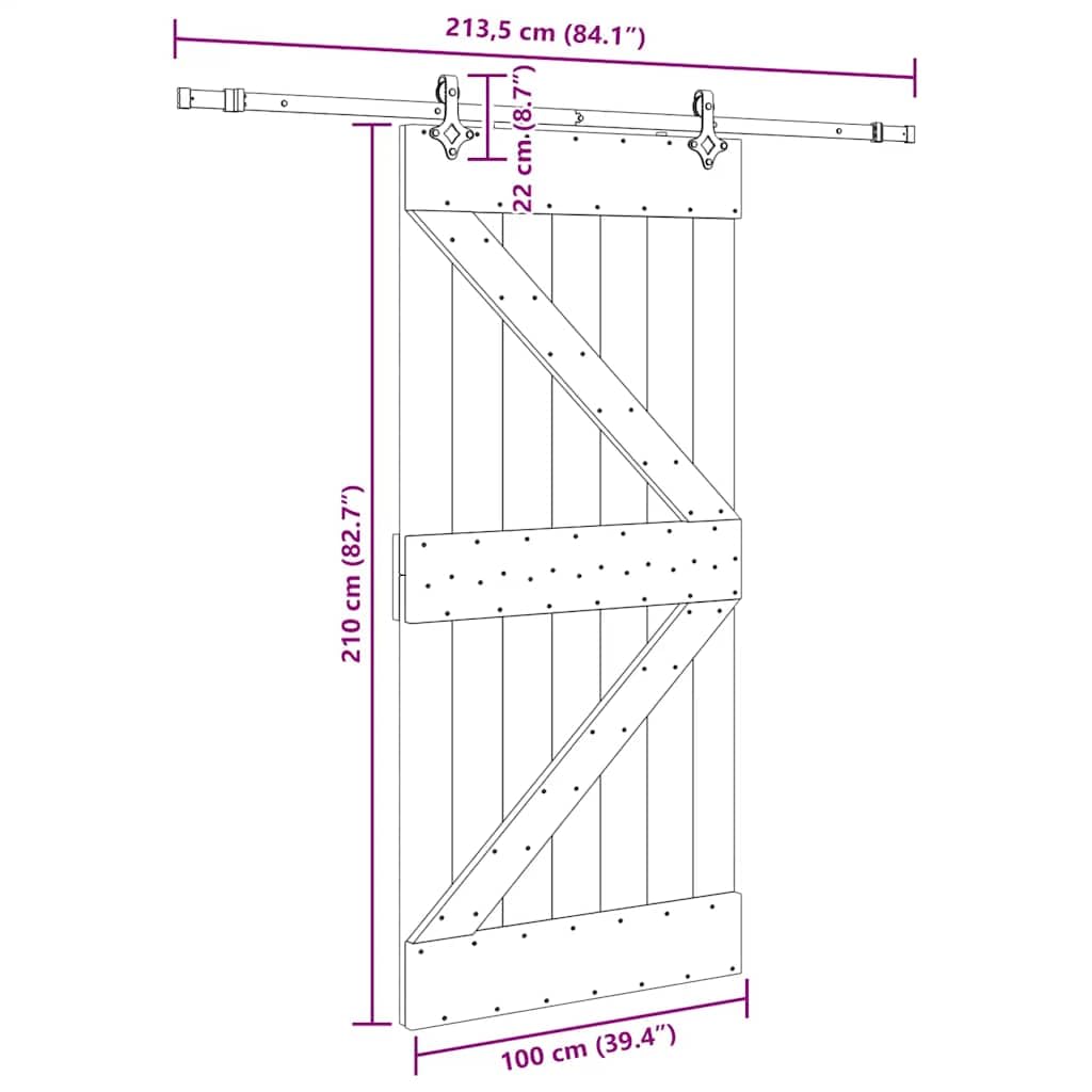 vidaXL Porta Scorrevole con Set Hardware 100x210cm Legno Massello Pino