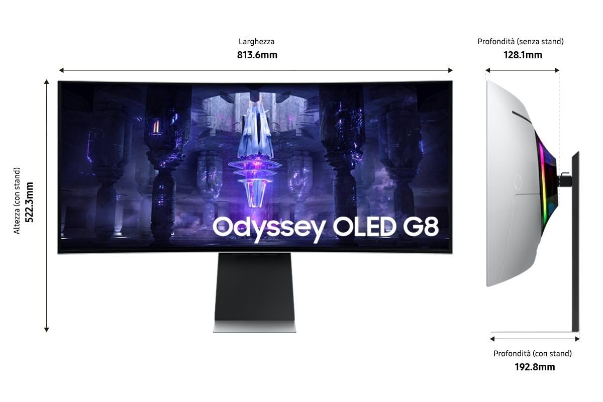 Samsung Monitor Gaming Odyssey OLED G8 (S34BG850), Curvo (1800R), 34'', 3440x1440 (WQHD), 21:9, HDR10+, OLED, 175Hz, 0,03ms (GtG), Freesync Premium, Micro HDMI, USB-C, Mini-DP, WiFi, Casse, HAS