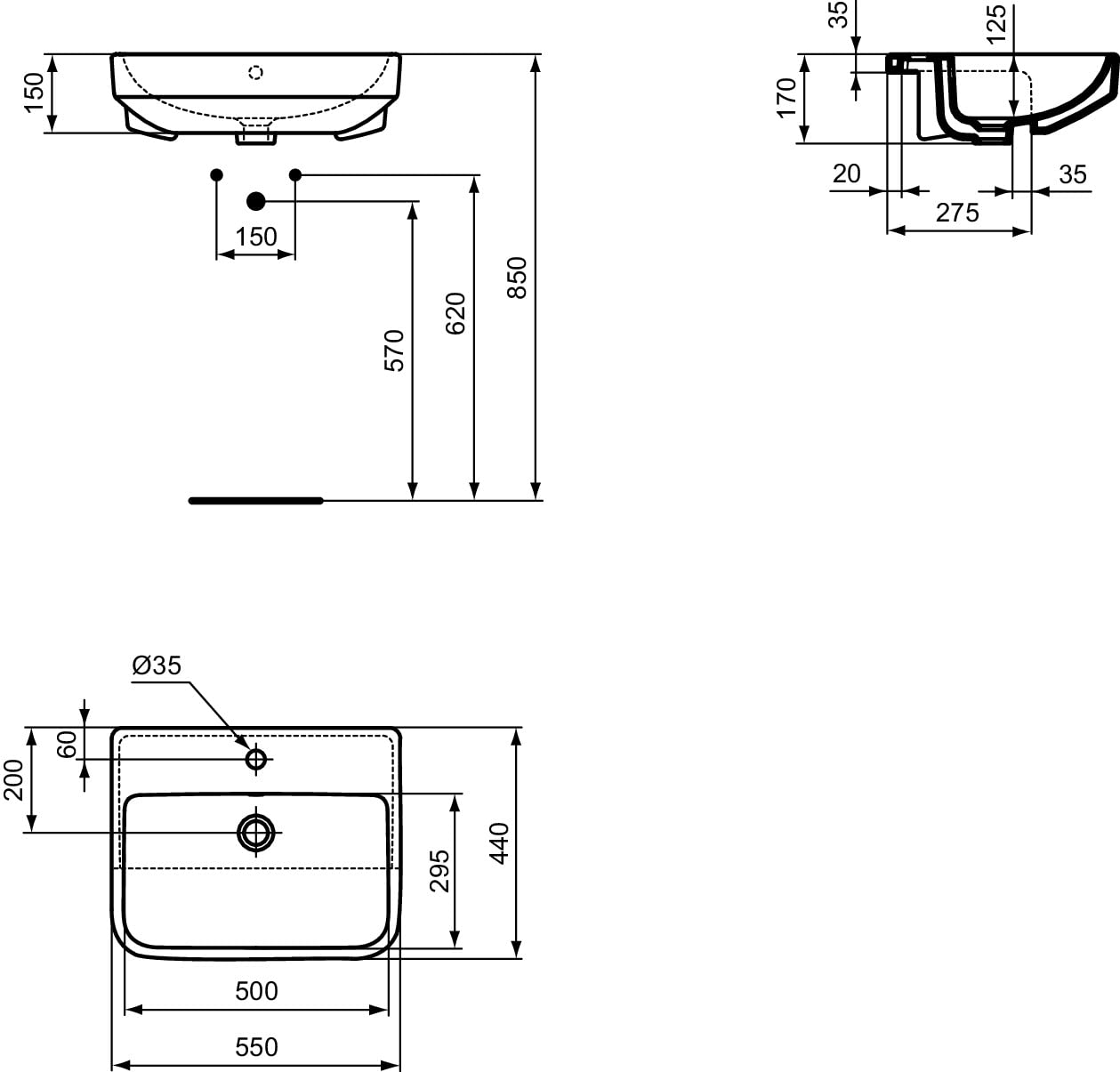 Ideal Standard - i.life B, Lavabo rettangolare da 55cm da semincasso, Con foro per la rubinetteria, Con foro troppopieno, Bianco