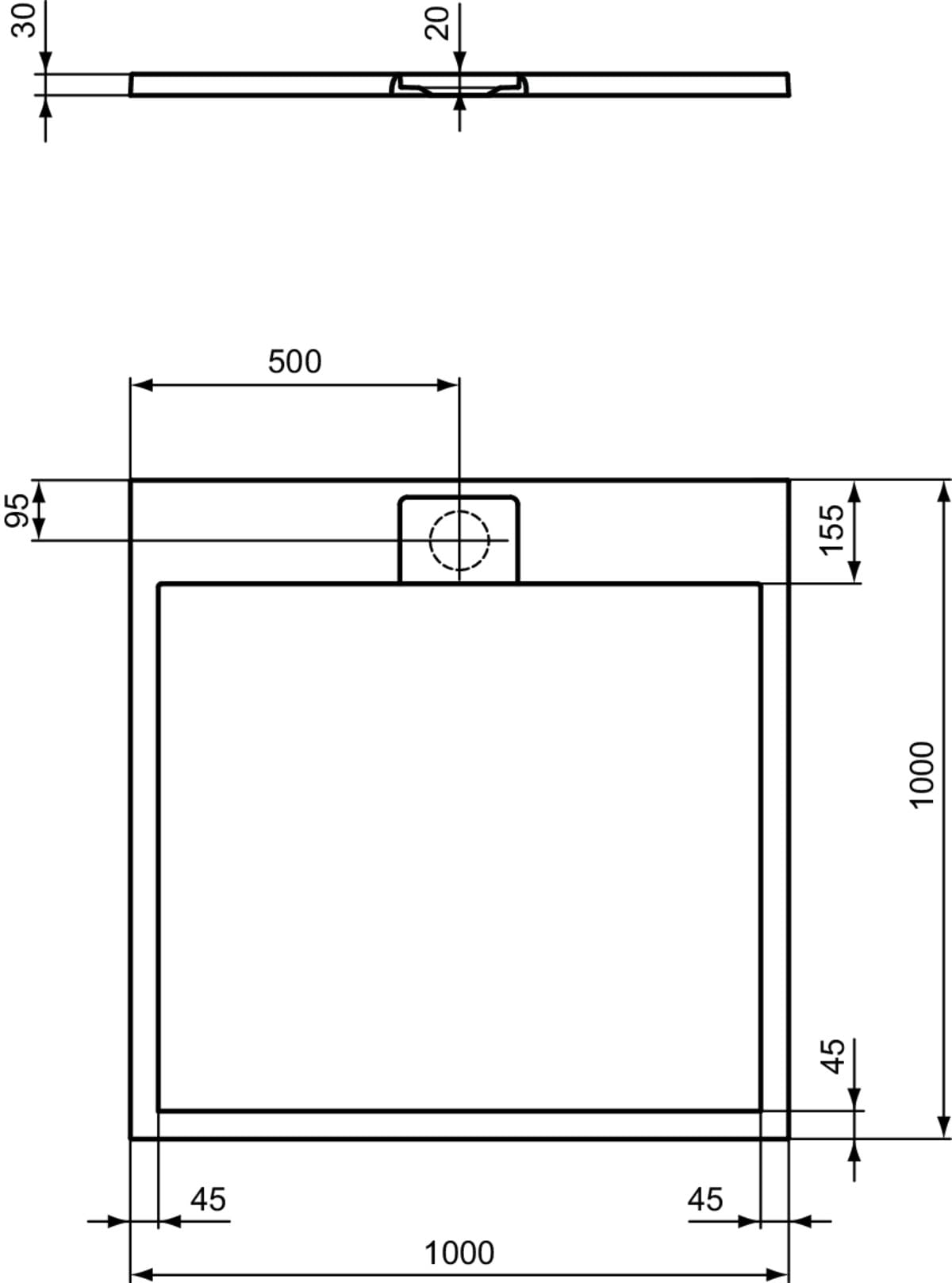 Ideal Standard - Ultra Flat S i.life, Piatto doccia quadrato 100x100 in resina, Piletta di scarico nascosta, Finitura opaca effetto pietra, Nero