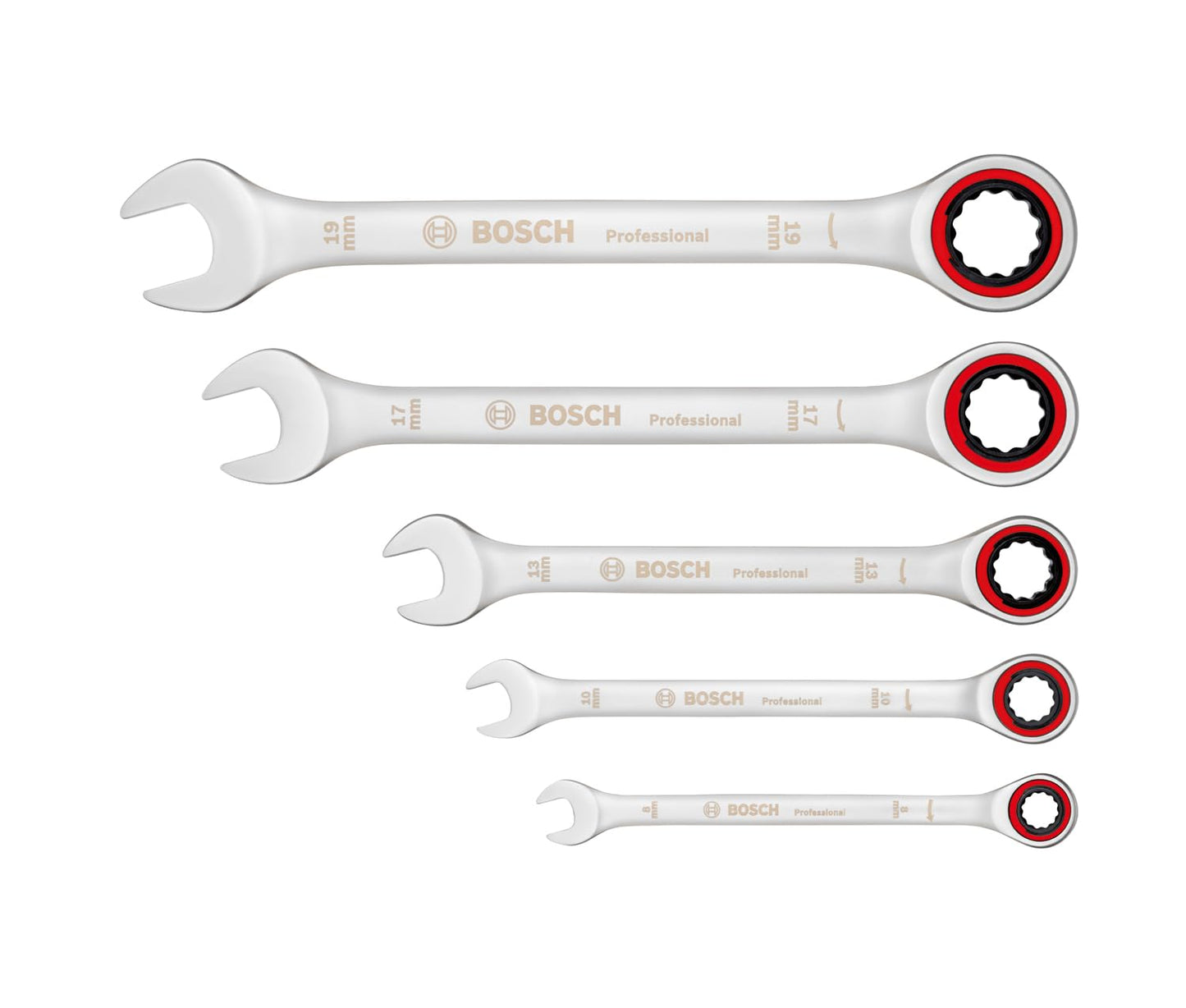 Bosch Professional Set chiavi a cricchetto (5 pezzi, dimensioni standard 8mm-19mm, acciaio al cromo-vanadio, in borsa di tela pieghevole)