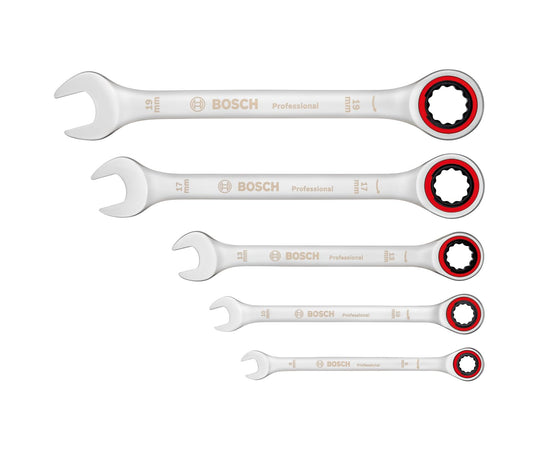 Bosch Professional Set chiavi a cricchetto (5 pezzi, dimensioni standard 8mm-19mm, acciaio al cromo-vanadio, in borsa di tela pieghevole)