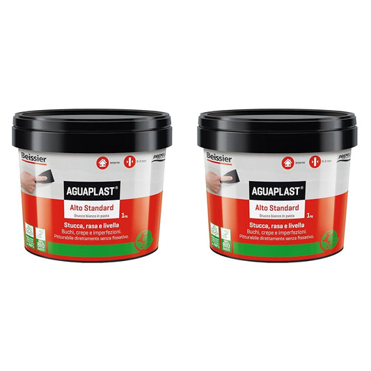 Aguaplast Alto Standard stucco bianco pronto all'uso per muro. Qualità superiore, per interni, pareti e soffitti. Liscio bianco 1kg (Confezione da 2)