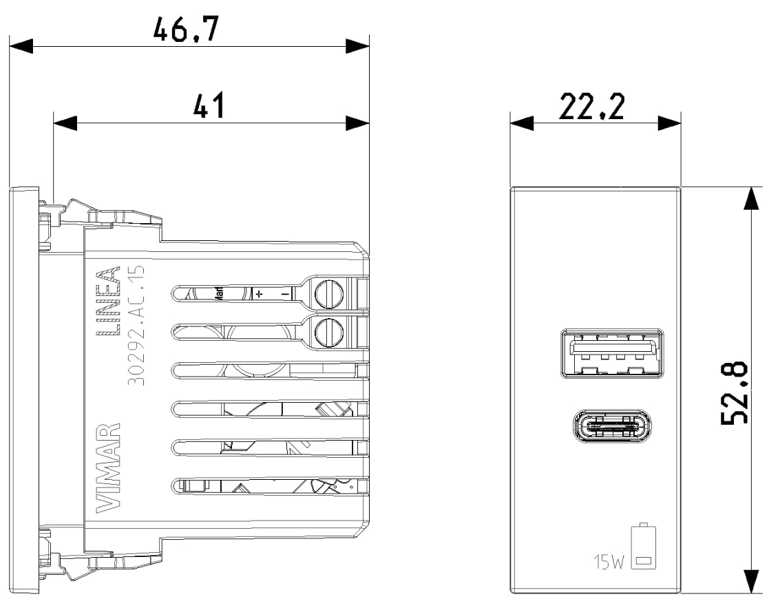 Vimar 30292.AC15G Linea Alimentatore USB 15 W 3 A 5 V per dispositivi elettronici, uscite USB A e USB C