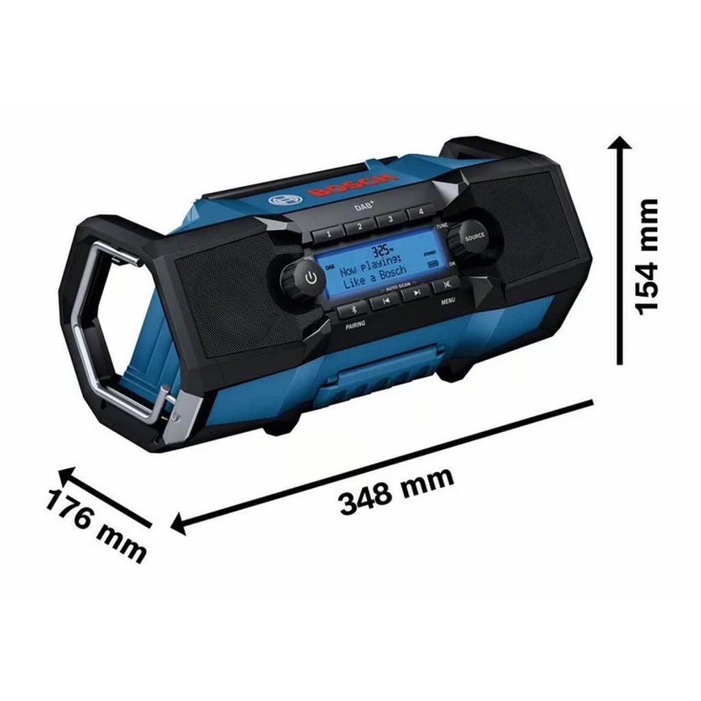 Bosch Professional 18V System Radio da cantiere a batteria GPB 18V-2 SC (ricezione tramite DAB+, Bluetooth, FM e AUX, incl. alimentatore, cavo AUX, batteria a bottone al litio 3V)