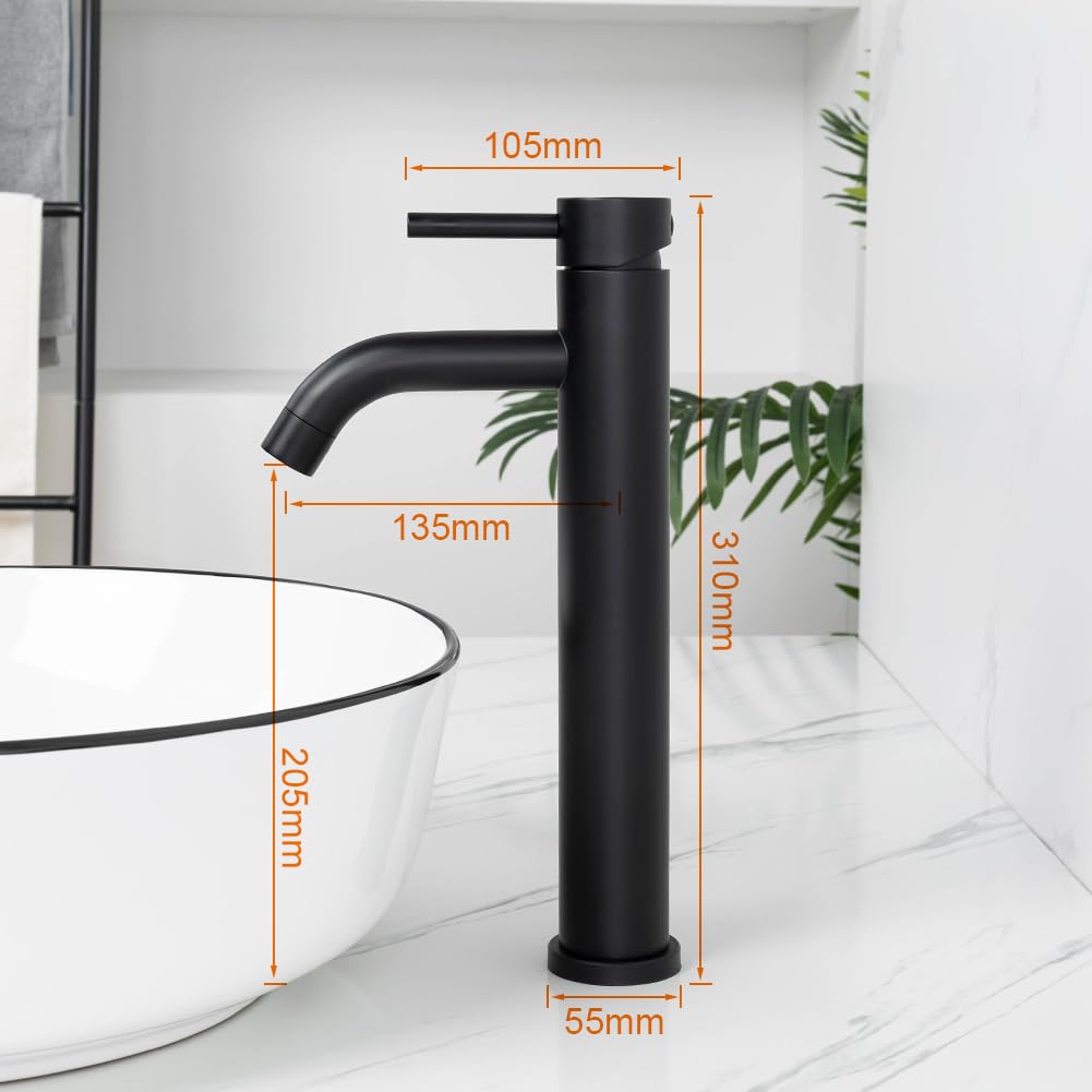 Ibergrif Miscelatore alto per lavabo, miscelatore per lavabo da bagno, monocomando alto cromato nero M11203B