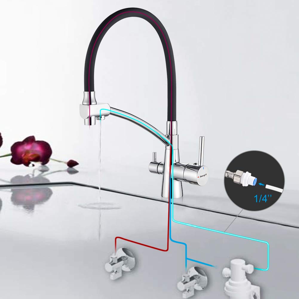 Ibergrif Rubinetto 3 Vie Cucina,Rubinetto per Cucina a Girevole a 360°, Miscelatore per Lavello Con Beccuccio Flessibile, Rubinetto per Lavello Da Cucina per Acqua Fredda e Calda e Filtro