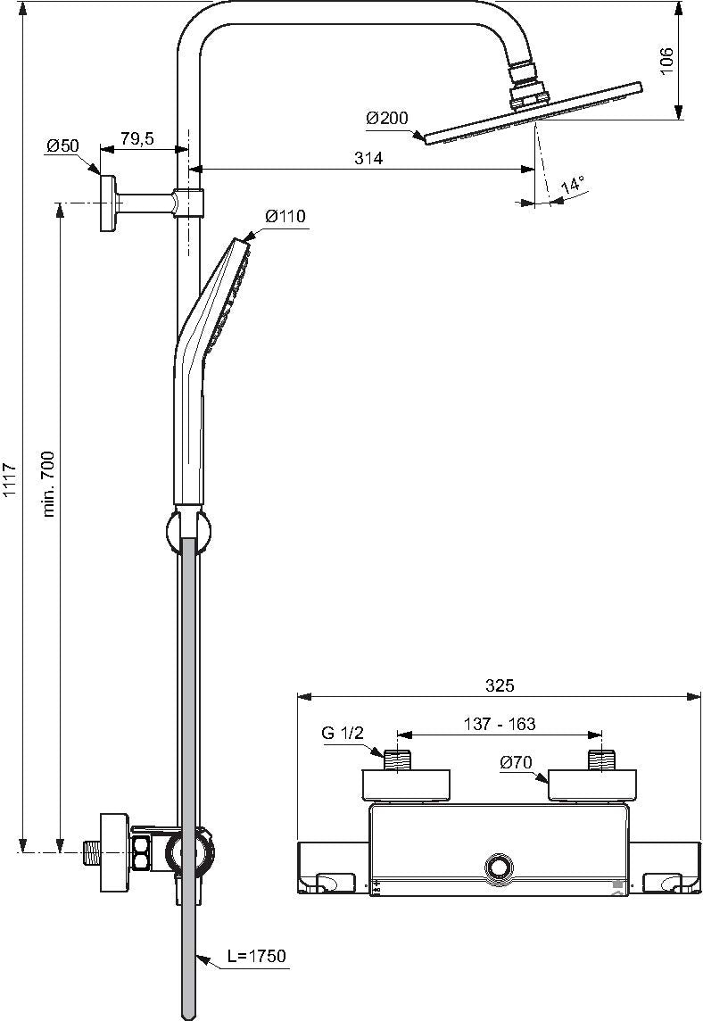 Ideal Standard A7230AA Ceratherm t50 Colonna doccia con miscelatore termostatico esterno, cromo