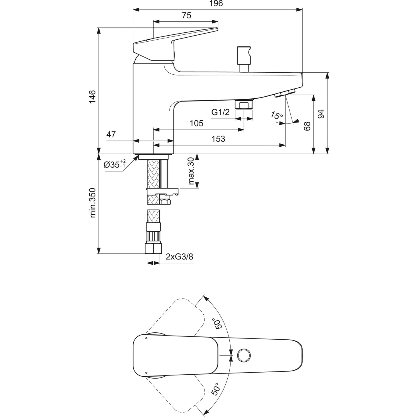 Ideal Standard - Ceraplan, Miscelatore monocomando per vasca da bagno, Due vie, Cromato