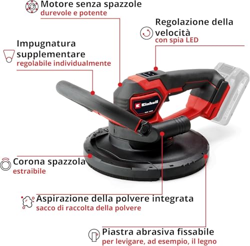 Einhell Professional Levigatrice per cartongesso a batteria TP-DWS 18/225 Li BL Solo Power X-Change (18 V, senza spazzole, incl. 6 x carta abrasiva Ø 225 mm e 1 x panno a rete, senza batteria)