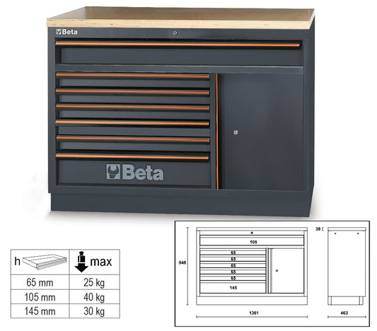 BETA Arredo Officina Piano in Legno 1381 X 948 X 463 mm + 7, Nylon, Nero, Unica